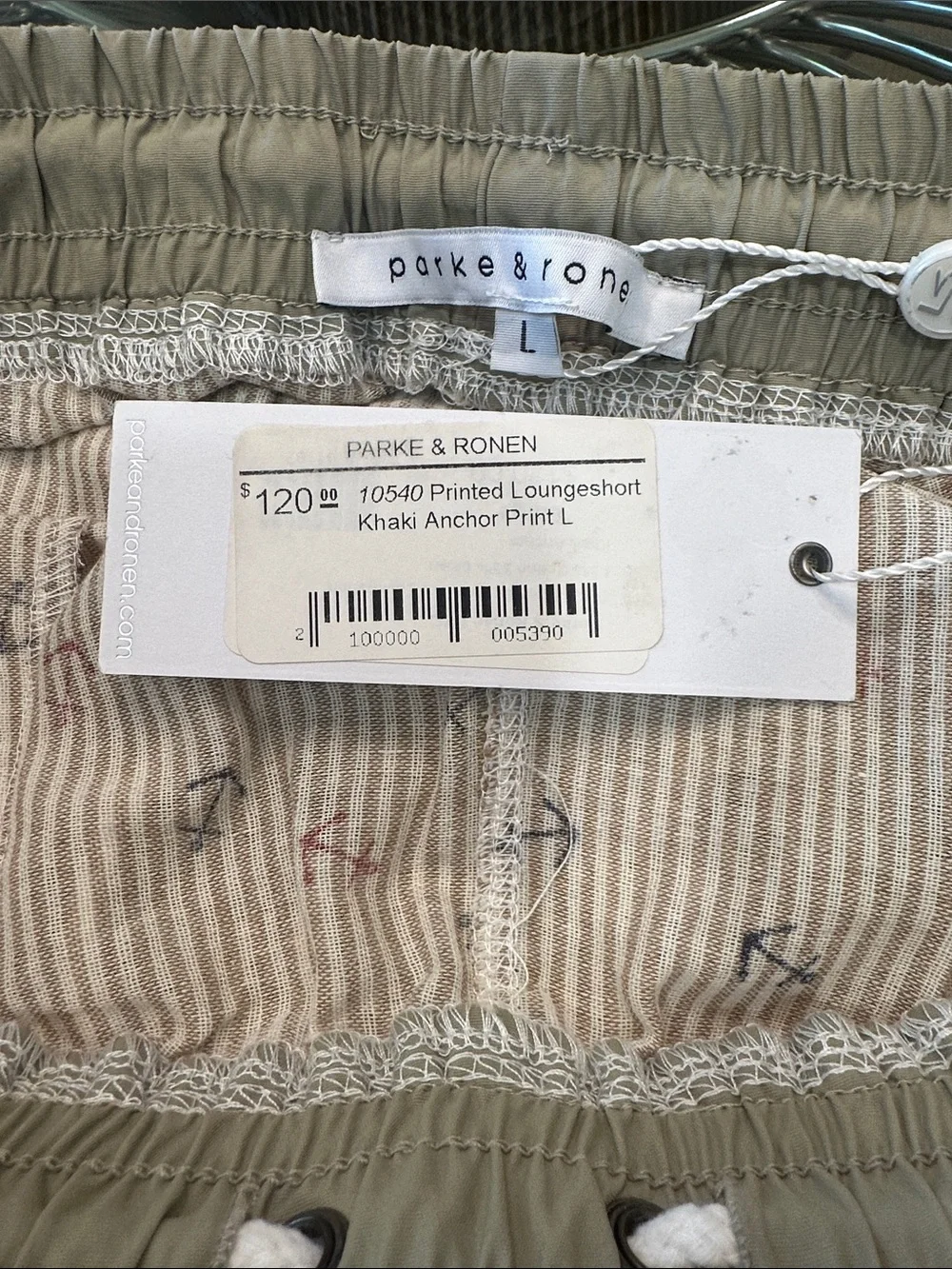 NWT Parke & Ronen Beige Striped Swim Trunks with Red & Navy Anchors